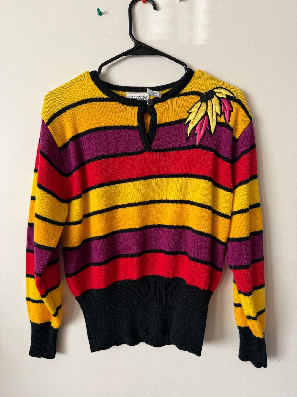 Striped Crewneck Sweater in Yellow, Red & Purple with Leaf Accent